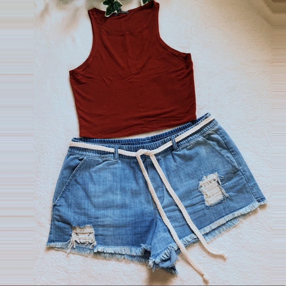Aerie Distressed Pull-On Denim Shorts